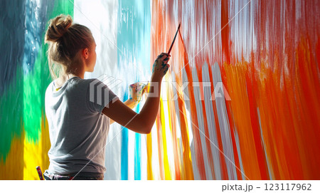A young female artist in art studio painting on canvas surreal abstract picture with multicoloured stripes with a brush. Creative hobby, art therapy. This is AI-generated item 123117962
