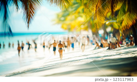 Blurred silhouettes of people in movement on a sandy beach with white sand and green palm trees on a sunny summer day. Travel to the tropical resort. This is AI-generated item 123117963