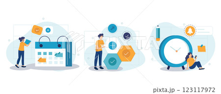 Soft skills concept. Business people or employee with self management and scheduling skill. Time management, self-regulation learning, self-discipline and motivation. Flat vector illustration	 123117972