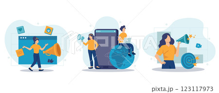 Social media marketing concept isolated person situations. Collection of scenes with people with megaphones attract new customers, advertising, promotion. Mega set. Vector illustration in flat design 123117973
