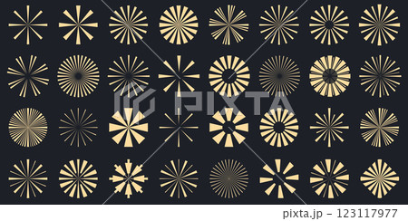 Sunburst collection. Radial sunset beams. Bursting golden sun rays. Fireworks. Logotype or lettering design element. Flat vector illustration. Sunburst collection. Radial sunset beams. Bursting golden sun rays. Fireworks. Logotype or lettering design element. Flat vector illustration. 123117977