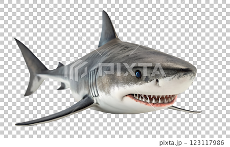 A remarkable shark with a striking blue eye is set against a transparent background 123117986