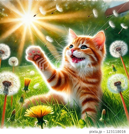 草原でたんぽぽであそぶねこ じゃれるネコ かわいい子猫こねこ 草原でたんぽぽであそぶねこ じゃれるネコ かわいい子猫こねこ 123118016