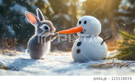 A bunny snatches a carrot-shaped nose from a snowman in winter forest. New Year card with a cute wild animal. A grey hare in a woods in sunny cold day This is AI-generated item 123118019