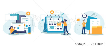 Soft skills concept. Business people or employee with self management and scheduling skill. Time management, self-regulation learning, self-discipline and motivation. Flat vector illustration Soft skills concept. Business people or employee with self management and scheduling skill. Time management, self-regulation learning, self-discipline and motivation. Flat vector illustration 123118048