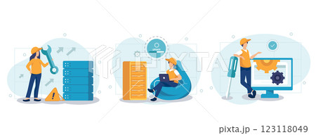 Server maintenance web concept with people scenes set in flat style. Bundle of technical work, working at server rack hardware room, engineers team repairs. Vector illustration with character design Server maintenance web concept with people scenes set in flat style. Bundle of technical work, working at server rack hardware room, engineers team repairs. Vector illustration with character design 123118049