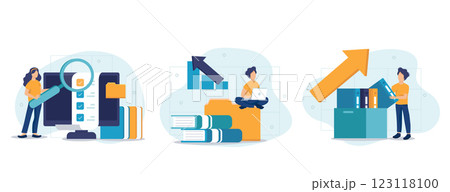 Office workers organizing data storage and file archive on server or computer. PC users searching documents on database. Vector illustration set for information technology, source concept 123118100