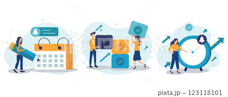 Business illustration set. Self management and multitasking concept. Characters planning and organizing schedule, work task and time management strategy to increase productivity. Vector illustration. 123118101