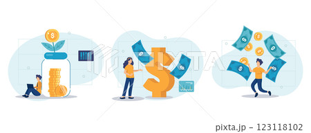 Passive income illustration set. Characters enjoying financial freedom and independence. Successfully and free of debts people planning budget. Vector illustration.	 123118102