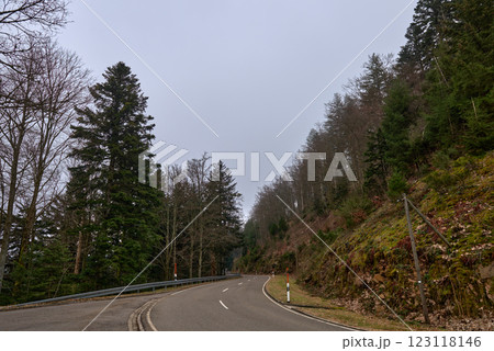 Enchanting Autumn Mountain Road Winding Through Traditional Black Forest Village with Red Roofed Houses and Lush Green Hills. Scenic Rural Highway Meanders Past White Alpine Buildings in Picturesque 123118146
