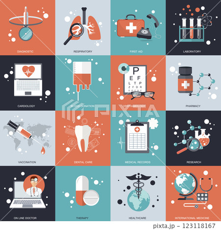 Health care and medicine icon set. Flat vector illustration.	 123118167