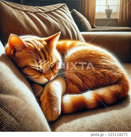 ソファーで居眠りするかわいい茶トラ猫 123118271