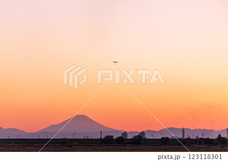 「埼玉県」荒川河川敷から望む夕景の富士山　さいたま市 123118301