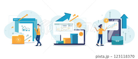 Financial illustration set. Characters investing money in stock market. People analyzing financial graphs, latest stock market news and other data. Stock trading concept. Vector illustration. Financial illustration set. Characters investing money in stock market. People analyzing financial graphs, latest stock market news and other data. Stock trading concept. Vector illustration. 123118370