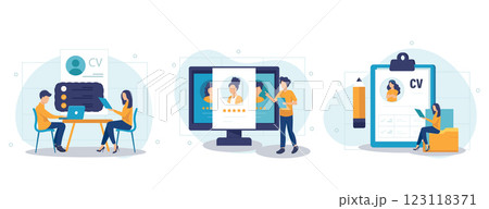 Employee evaluation, assessment form and report, performance review concept collection of scenes. Employer meeting job applicant at pre-employment assessment. Flat vector modern illustration Employee evaluation, assessment form and report, performance review concept collection of scenes. Employer meeting job applicant at pre-employment assessment. Flat vector modern illustration 123118371