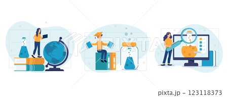 Medical tests illustration set. Laboratory doctor or chemist testing patients urine and blood samples and saving lab results online. Health care and medicine concept. Vector illustration.	 123118373