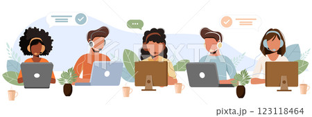 Live support concept. Business customer care service concept. Icon for contact us, support, help, phone call and website click. Flat vector illustration. Live support concept. Business customer care service concept. Icon for contact us, support, help, phone call and website click. Flat vector illustration. 123118464