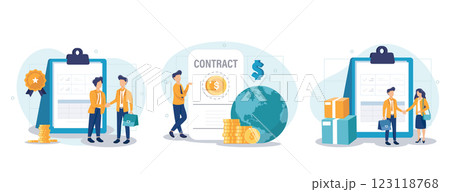 Electronic contract, sales contract terms, standard for quality control, payment terms and conditions, certification abstract metaphor. Business agreement abstract concept vector illustration set. 123118768