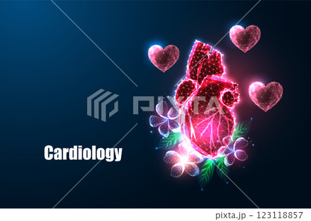 Glowing anatomical heart surrounded by flowers, leaves, and hearts. Cardiology, health, and vitality Glowing anatomical heart surrounded by flowers, leaves, and hearts. Cardiology, health, and vitality 123118857