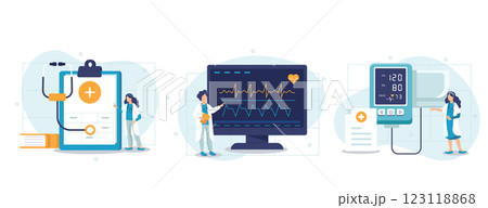 Heart disease screening and diagnostic illustration set. Doctor checks blood pressure and examine cardiogram and pulse on EKG monitor. Healthcare and medicine concept. Vector illustration.	 123118868