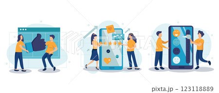Feedback page web concept with people scenes set in flat style. Bundle of customer satisfaction, high rating stars and likes, positive client experience. Vector illustration with character design 123118889