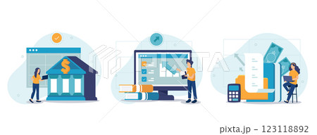 Financial illustration set. Lawyers working with public finance, tax law and other economics branches. Government spending, revenue and taxation concept. Vector illustration. Financial illustration set. Lawyers working with public finance, tax law and other economics branches. Government spending, revenue and taxation concept. Vector illustration. 123118892