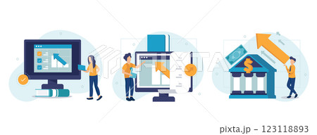 Financial illustration set. Lawyers working with public finance, tax law and other economics branches. Government spending, revenue and taxation concept. Vector illustration. Financial illustration set. Lawyers working with public finance, tax law and other economics branches. Government spending, revenue and taxation concept. Vector illustration. 123118893