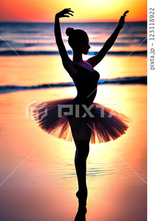 夕景の湖畔で踊る美しい姿のバレリーナ 夕景の湖畔で踊る美しい姿のバレリーナ 123118922