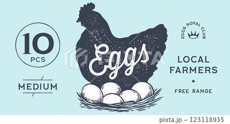 Chicken, hen with nest, eggs. Sketch artwork silhouette chicken with nest, eggs. Label, tag, chicken nest, eggs sketch ink pencil style drawing, engrave old school style. Vector Illustration 123118935
