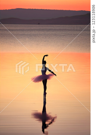 夕景の湖畔で踊る美しい姿のバレリーナ 123118986