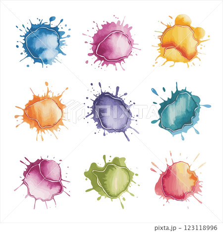 A set of watercolor ink splashes in various colors, creating a vibrant and artistic look. Perfect for graphic design, branding, and creative projects. 123118996