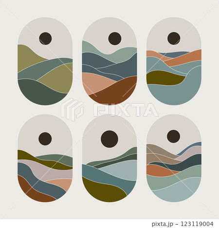 A set of abstract landscapes in a minimalist, modern style with soft color palettes. Perfect for branding, digital backgrounds, and artistic compositions. A set of abstract landscapes in a minimalist, modern style with soft color palettes. Perfect for branding, digital backgrounds, and artistic compositions. 123119004