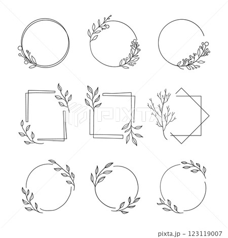 A set of elegant geometric frames circle, square, hexagon decorated with delicate branches and leaves. Perfect for logos, wedding invitations, branding, and decorative designs. A set of elegant geometric frames circle, square, hexagon decorated with delicate branches and leaves. Perfect for logos, wedding invitations, branding, and decorative designs. 123119007