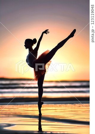 夕景の湖畔で踊る美しい姿のバレリーナ 123119048