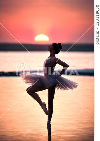 夕景の湖畔で踊る美しい姿のバレリーナ 123119050