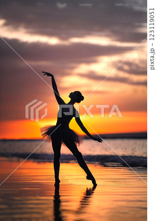 夕景の湖畔で踊る美しい姿のバレリーナ 123119051