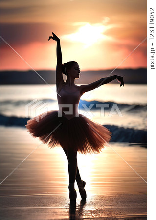 夕景の湖畔で踊る美しい姿のバレリーナ 夕景の湖畔で踊る美しい姿のバレリーナ 123119052