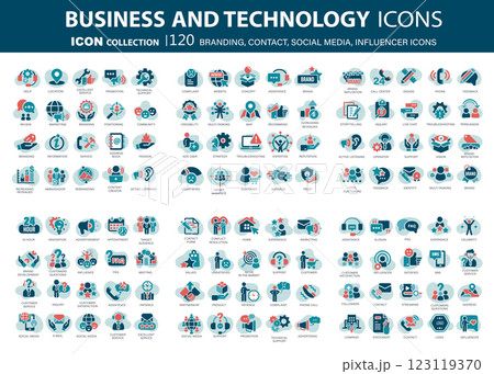Customer service, branding, influencer, contact icon set. Contact us, follower, marketing, leadership, influence, content, community and customer icons. Support and satisfaction icon set. Vector set	 123119370