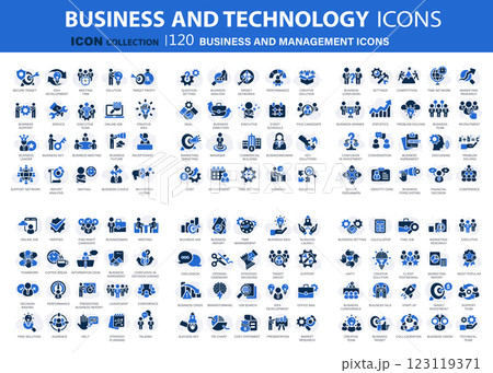 Business and marketing, management, find job, meeting, teamwork collection. 120 set of blue icons set. Flat vector illustration Business and marketing, management, find job, meeting, teamwork collection. 120 set of blue icons set. Flat vector illustration 123119371