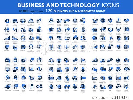 120 Business and management icon set. Icons for leadership, teamwork, job and work, statistics, analytics and advertising. Flat vector illustration. Blue icon for business collection 123119372