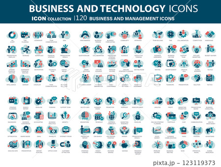 120 Business and management icon set. Icons for leadership, teamwork, job and work, statistics, analytics and advertising. Flat vector illustration. Blue icon for business collection	 123119373