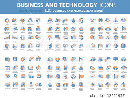 120 Business and management icon set. Icons for leadership, teamwork, job and work, statistics, analytics and advertising. Flat vector illustration. Blue icon for business collection	 123119374