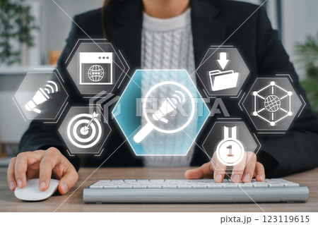 Visual representation of search engine marketing with digital icons and analytics symbols. Visual representation of search engine marketing with digital icons and analytics symbols. 123119615