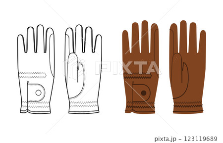 Equestrian Gloves Horse riding brown cartoon and flat mockup sketch Fashion hand accessory technical illustration 123119689