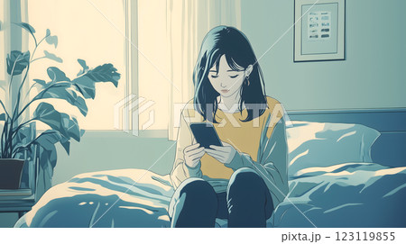 ベッドルームでスマホを見る女性のイラスト（生成AI画像） 123119855