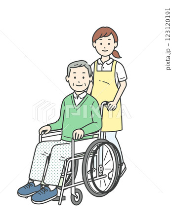 車椅子の高齢男性と介助ををする若い女性のイラスト 123120191