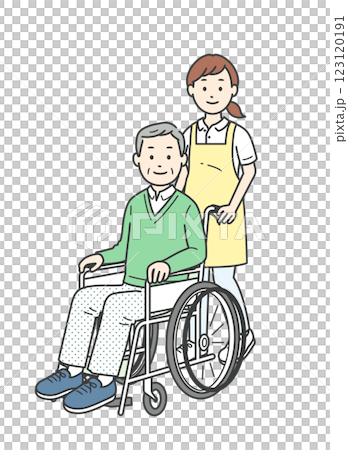 坐在輪椅上的老人和協助他的年輕女子的插圖 123120191