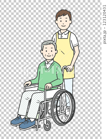 Illustration of an elderly man in a wheelchair and a young man assisting him Illustration of an elderly man in a wheelchair and a young man assisting him 123120431