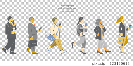 スマホを使いながら通勤するビジネスパーソン　シンプルでお洒落なフラットイラスト 123120612