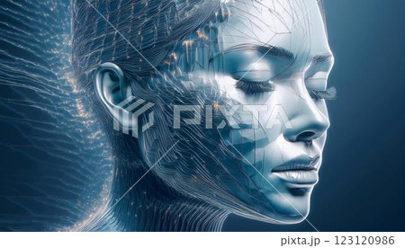 集積回路のような線がテクスチャーとして埋め込まれた女性の横顔に光が走る、AIと人の融合のイメージ 123120986